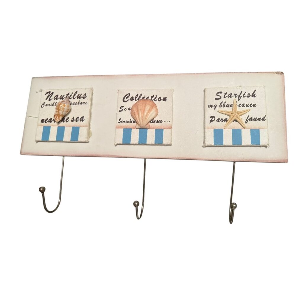 Vintage Old Time Pottery Coastal Plaque With Metal 3 Hooks Hangers